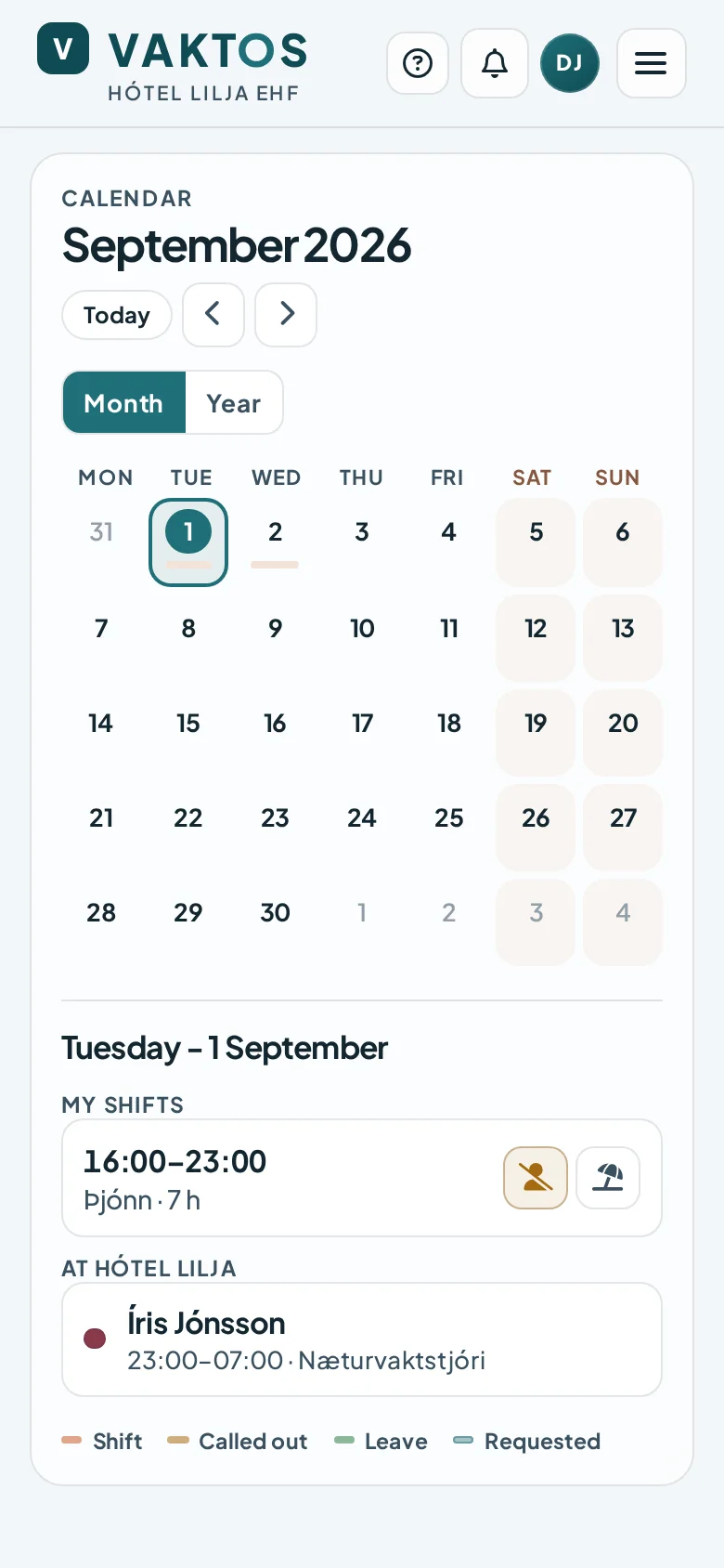Vaktos mobile calendar showing an assigned shift and colleagues scheduled that day