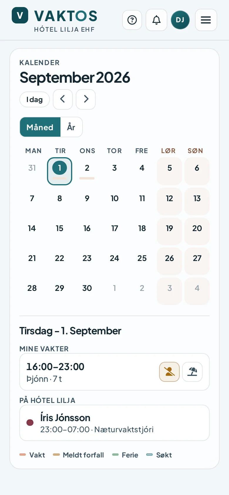 Vaktos på telefon med kommende vakt og oversikt over kolleger som er på jobb.