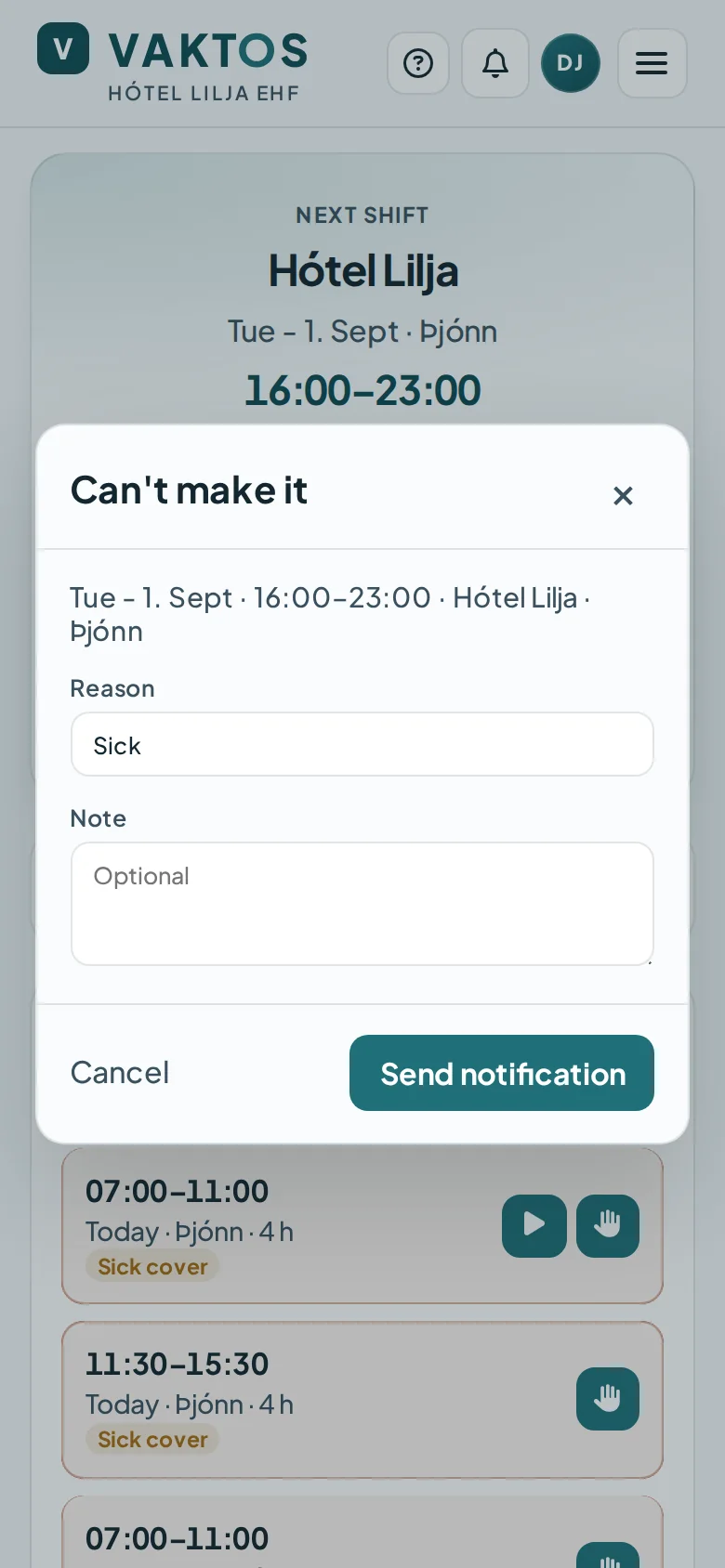 Vaktos Can’t make it form with a reason, optional note and submit action for an assigned shift