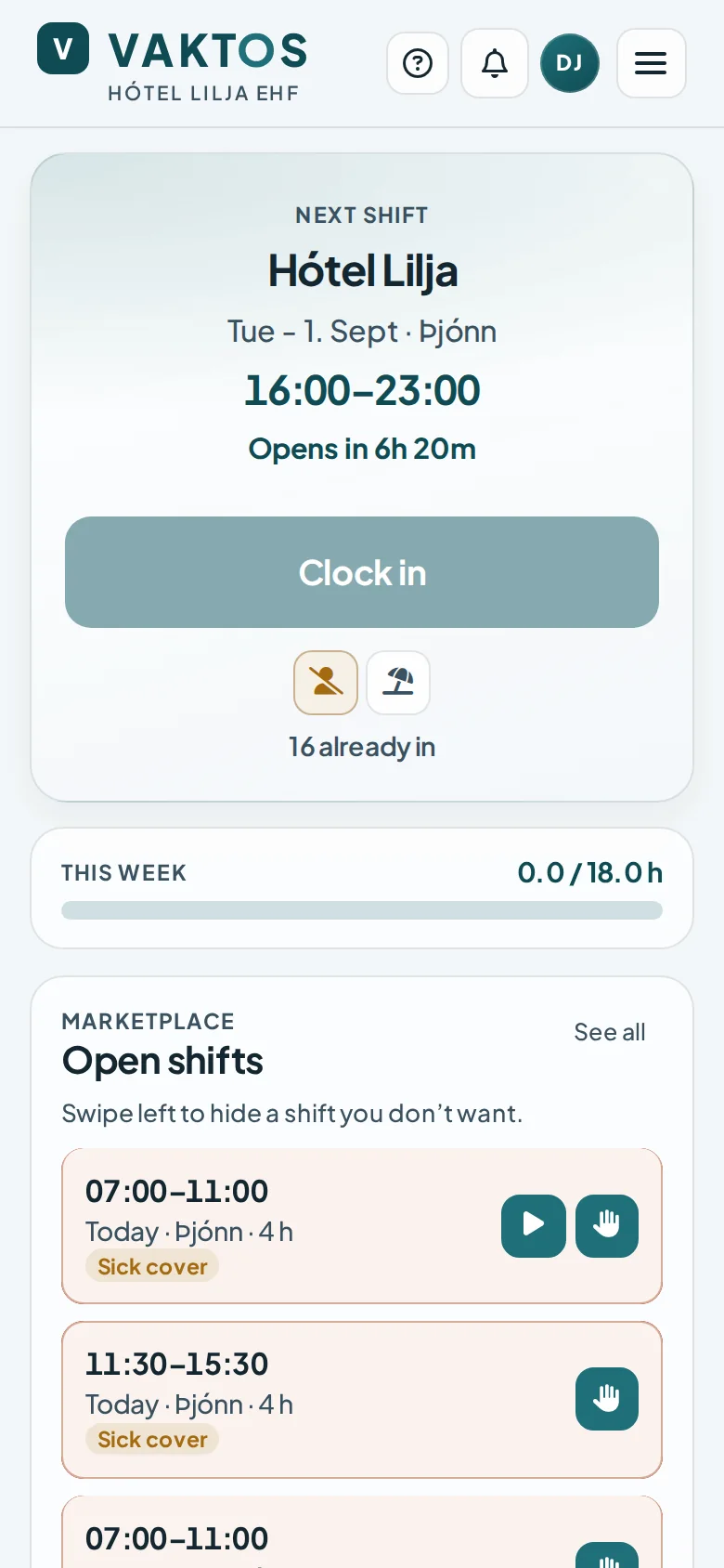 Vaktos mobile clock showing the next assigned shift, weekly hours and future assignments
