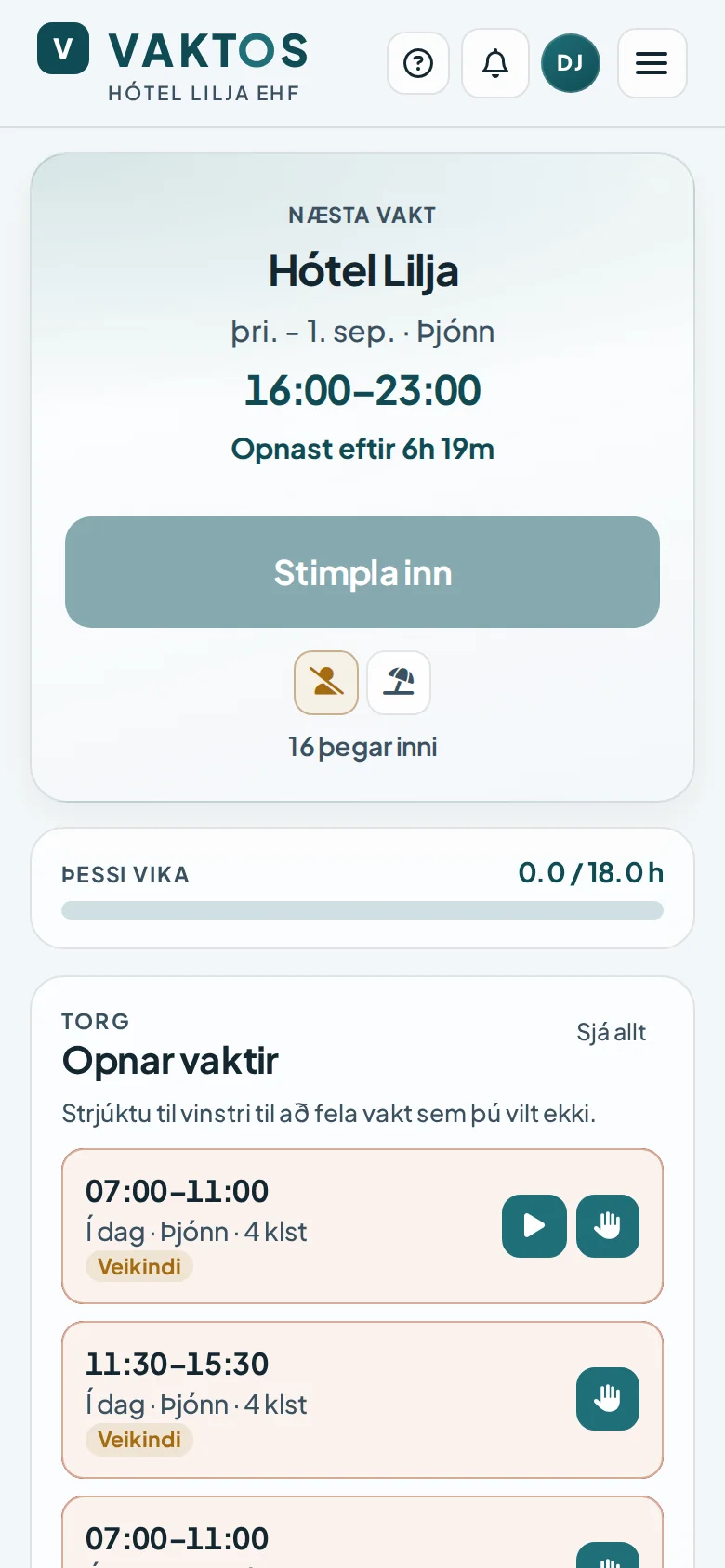 Stimplun í Vaktos í síma með næstu vakt, vinnutímum vikunnar og opnum vöktum