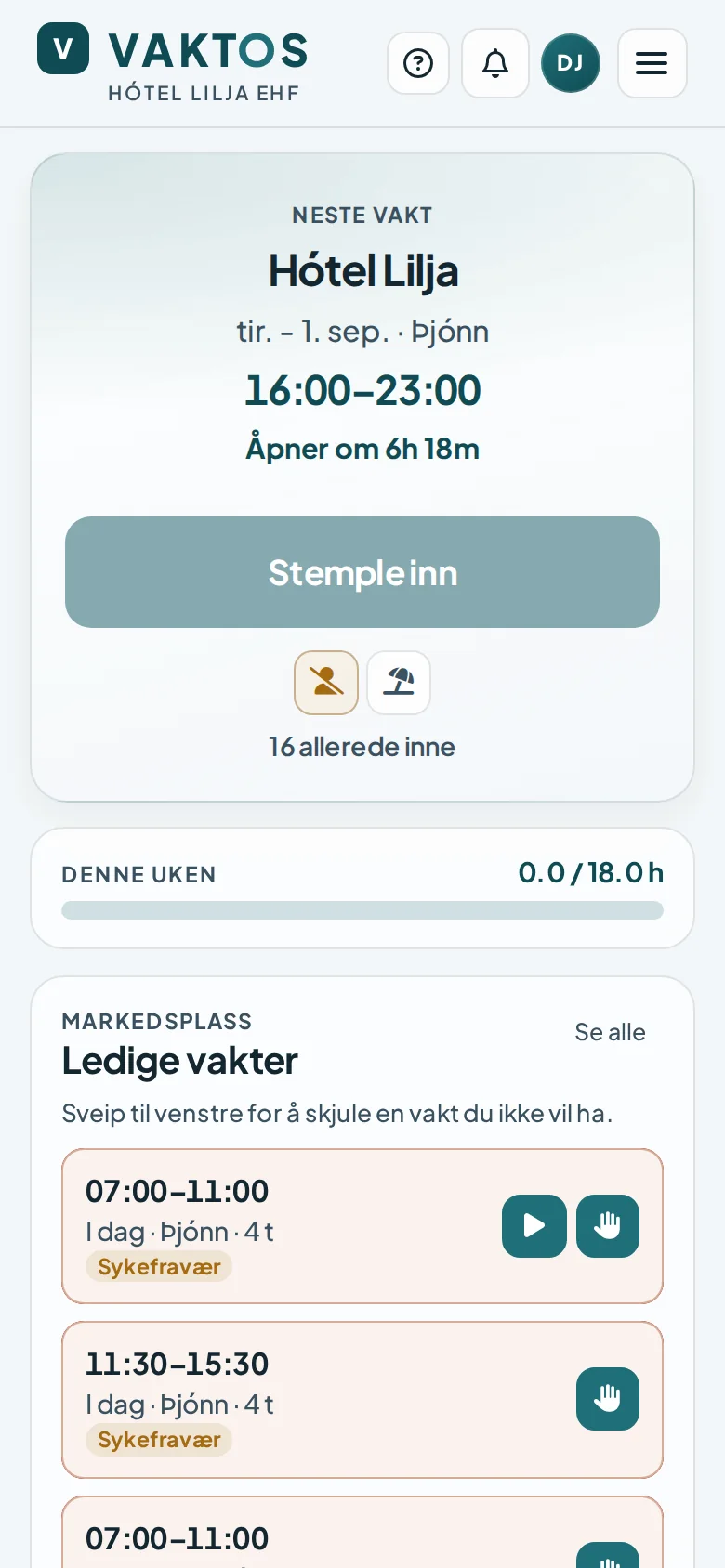 Vaktos på telefon med neste publiserte vakt, knapp for innstempling og ukens timer.