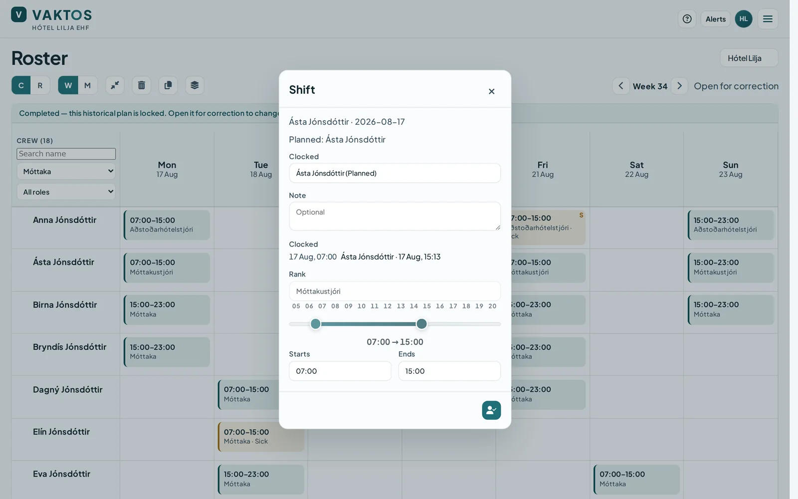 Vaktos shift correction showing the scheduled person, actual cover and related punch times