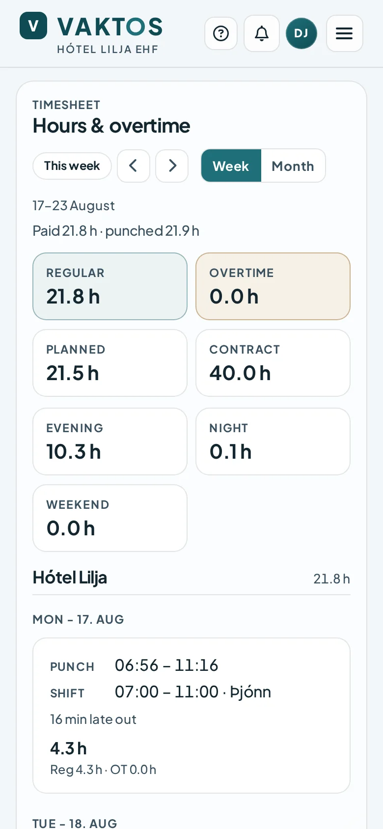 Vaktos mobile Hours view showing paid, punched, regular, overtime, evening and night totals