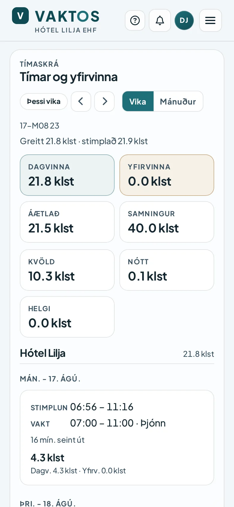 Tímayfirlit Vaktos í síma með unnum og greiddum tíma, dagvinnu og yfirvinnu
