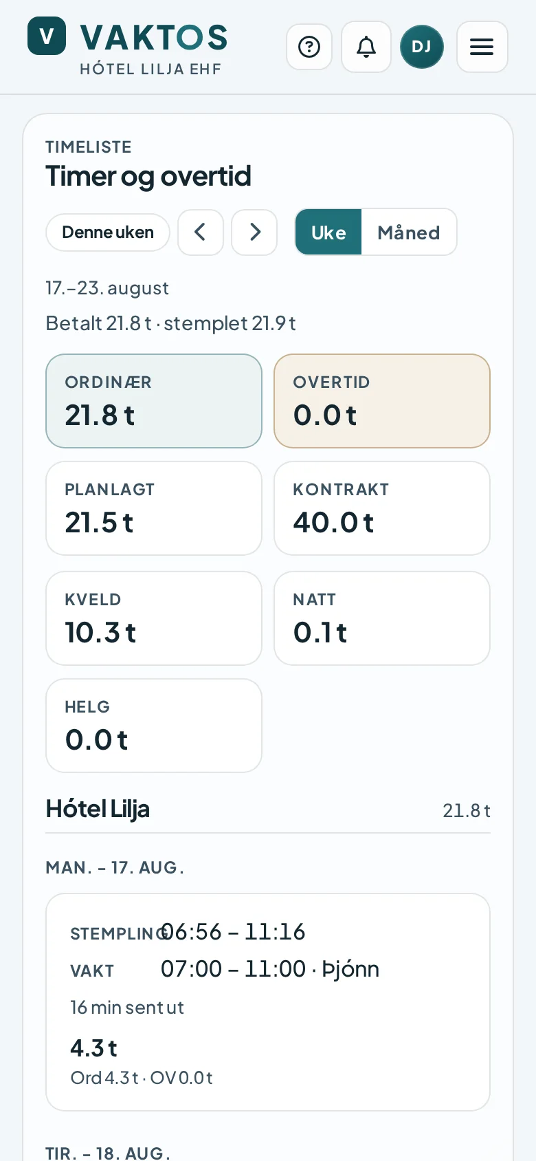 Timeoversikt i Vaktos på telefon med arbeidede og betalte timer, overtid, kveld og natt.