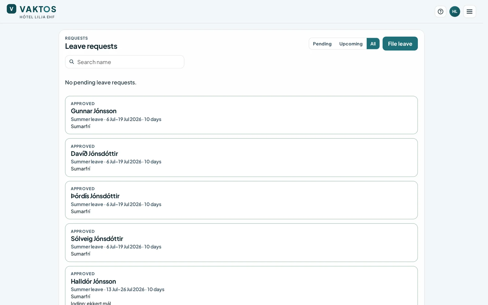 Vaktos planner inbox showing approved summer leave with dates, day count and notes