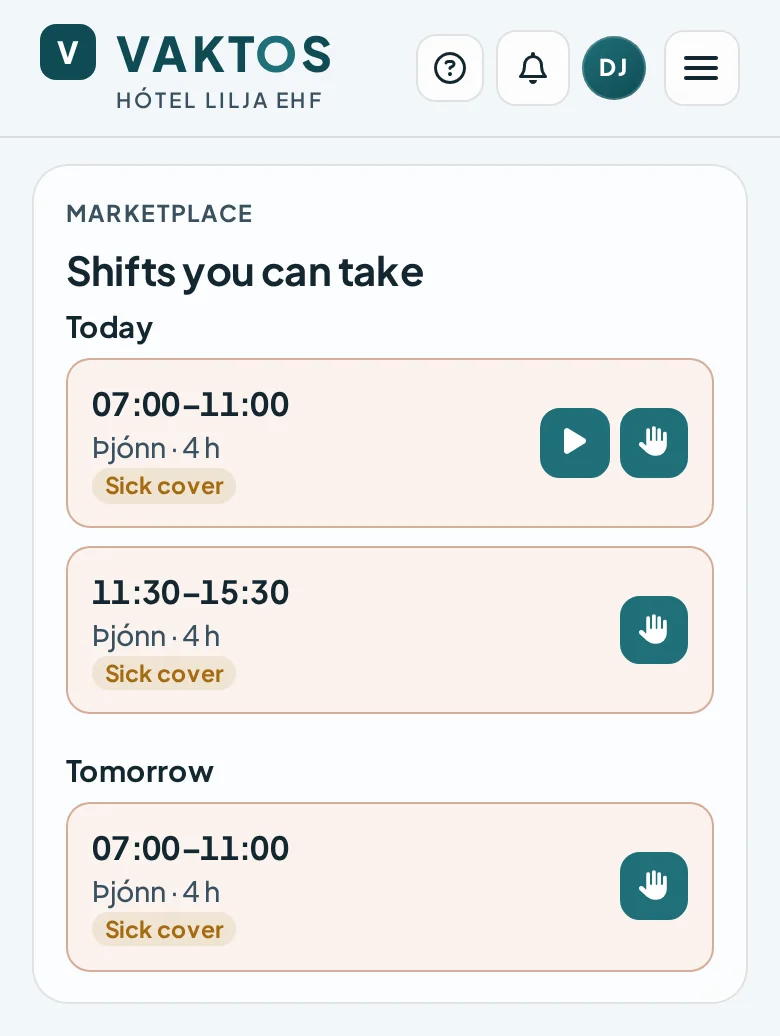 Vaktos mobile marketplace showing eligible open shifts grouped by day with claim actions