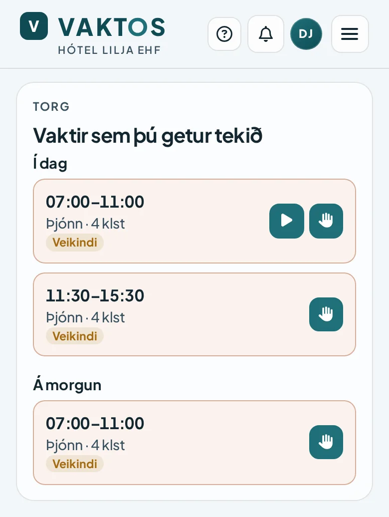 Vaktatorg Vaktos í síma með lausum vöktum og aðgerð til að taka vakt