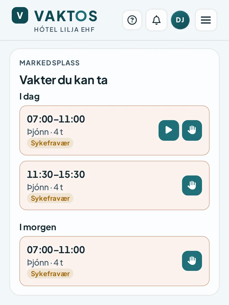 Ledige vakter i Vaktos på telefon, gruppert etter dag.