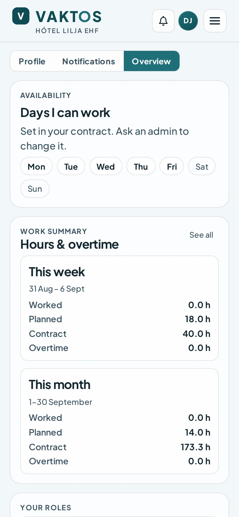 Vaktos My page showing availability and personal hours for the week and month
