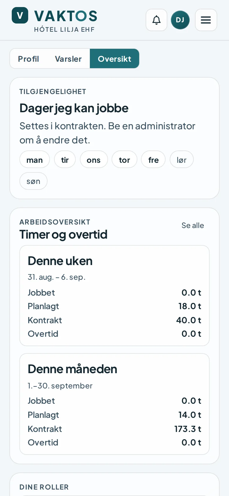 Medarbeiderside i Vaktos med tilgjengelighet og egne timer for uke og måned.