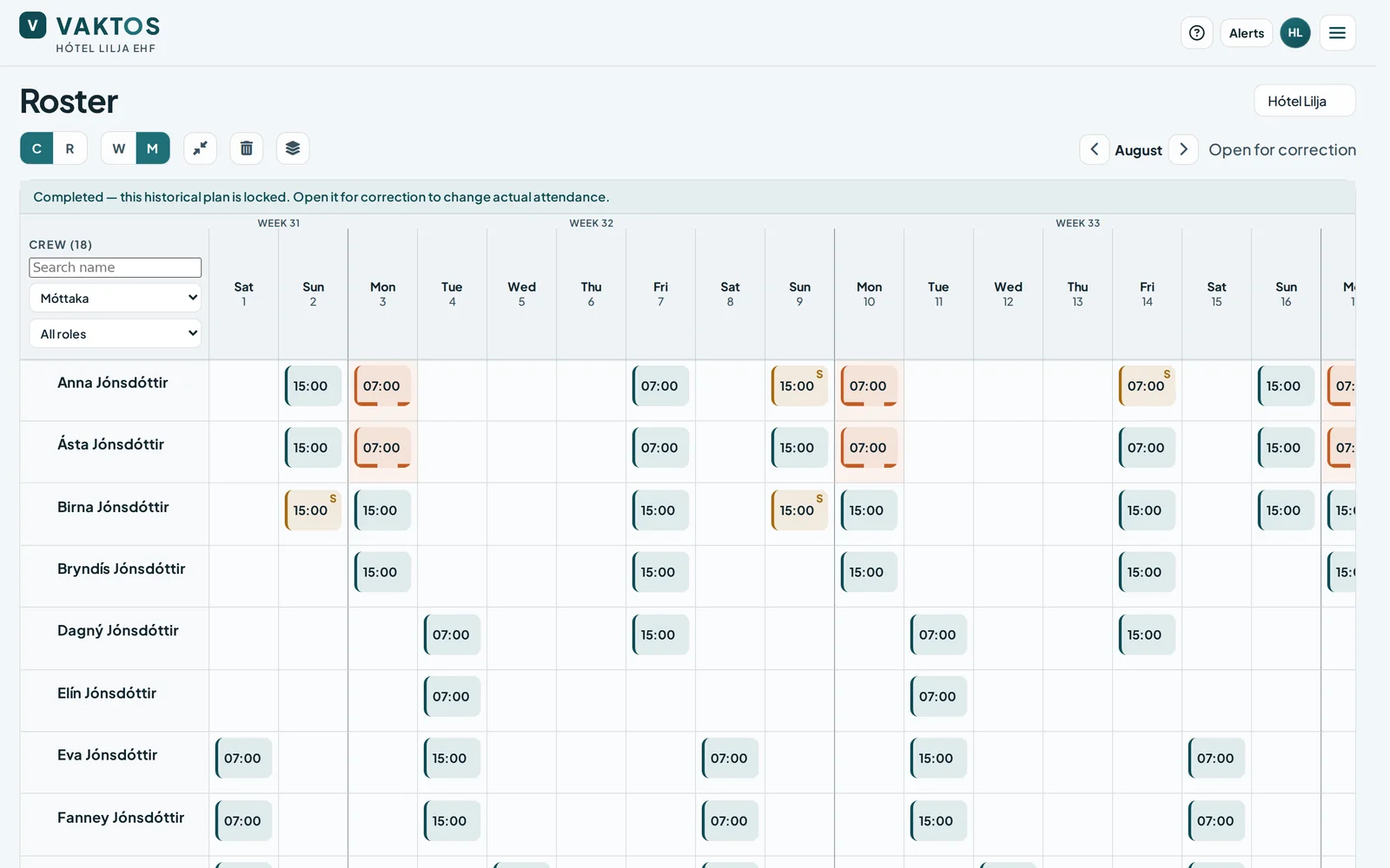 Monthly Vaktos roster showing reception assignments across the selected month