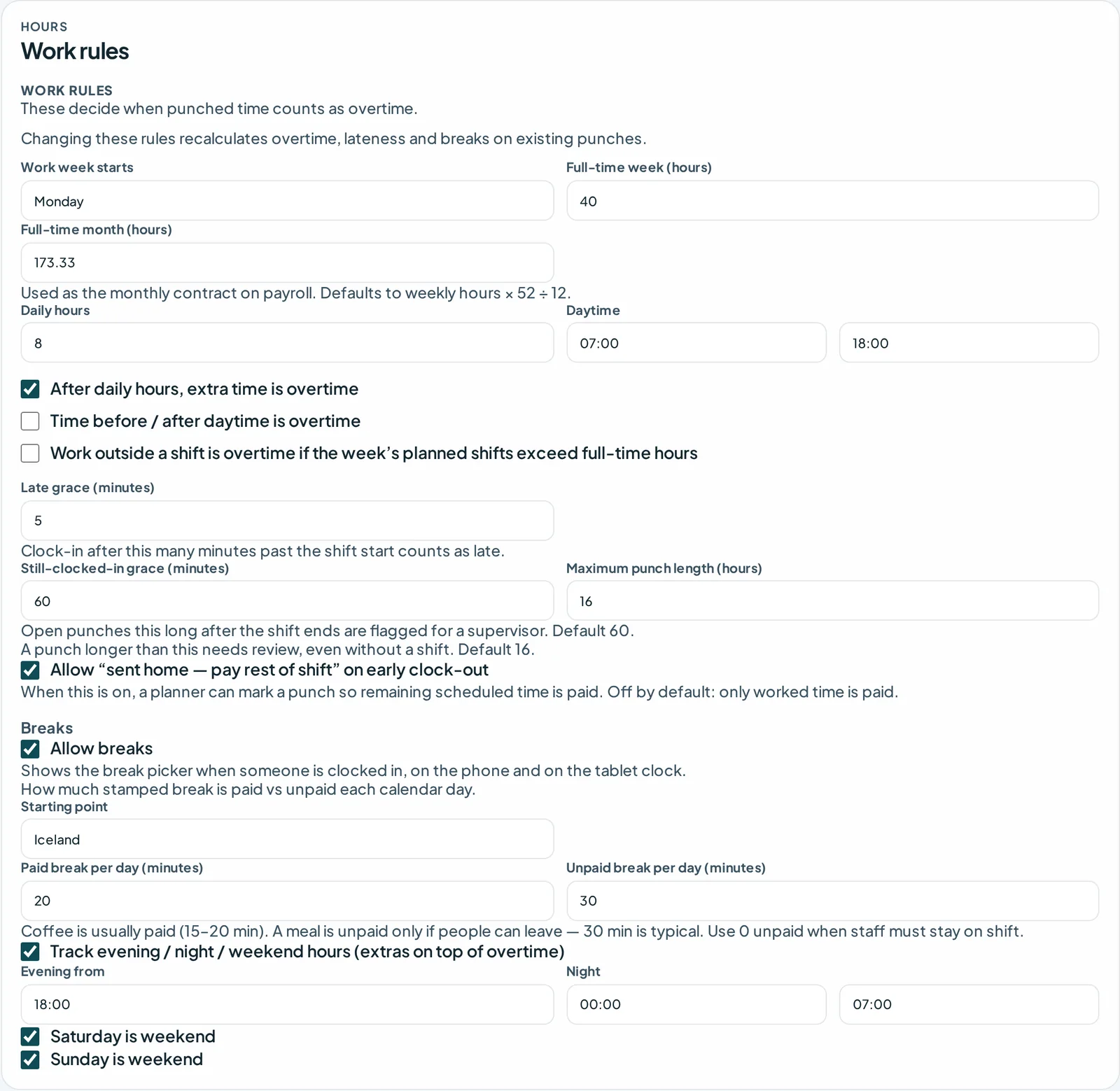 Vaktos work-rule settings for weekly hours, daytime, overtime, breaks and hour bands