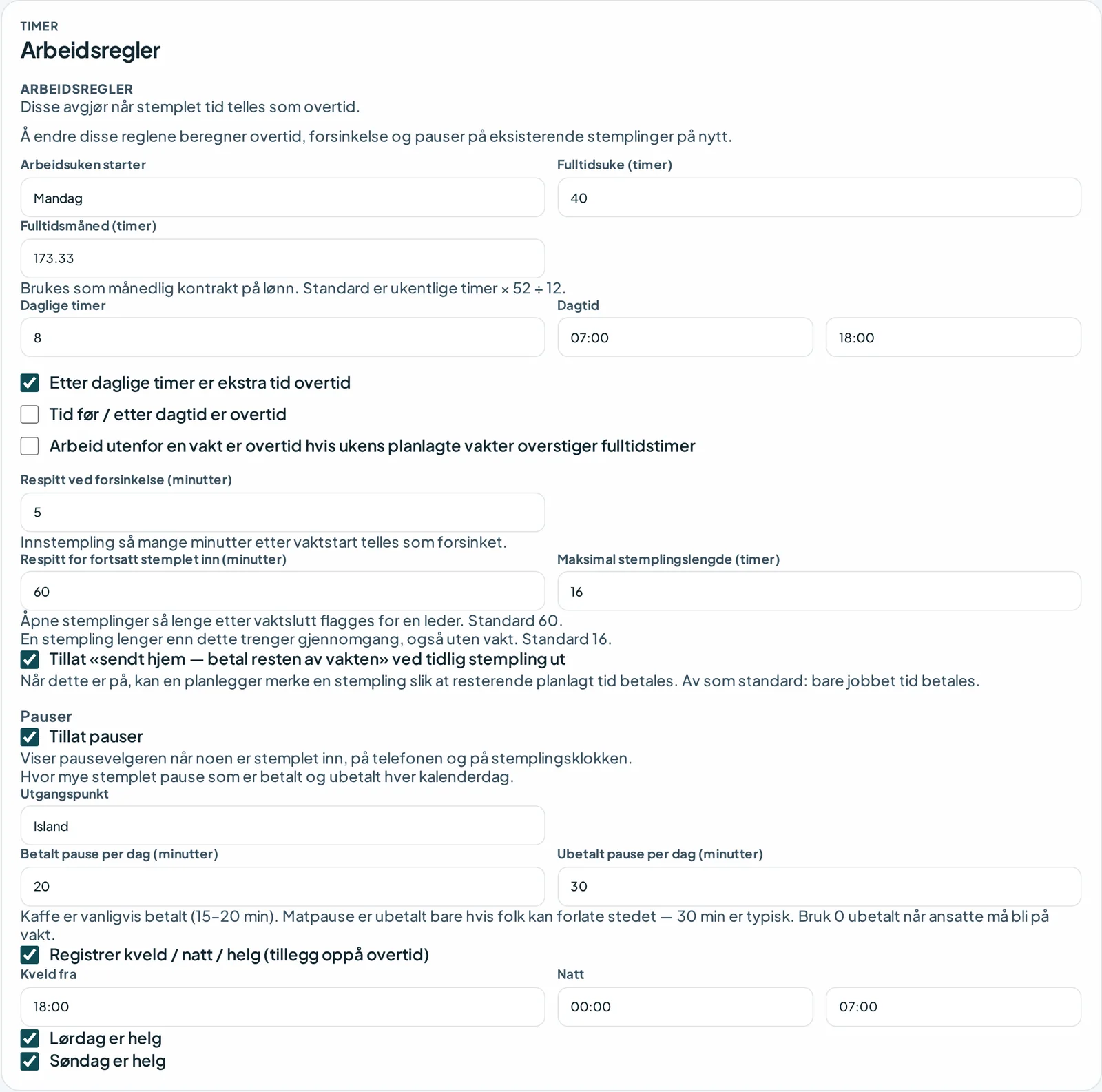 Innstillinger i Vaktos for ukestart, dagtid, overtid, pauser, kveld, natt og helg.